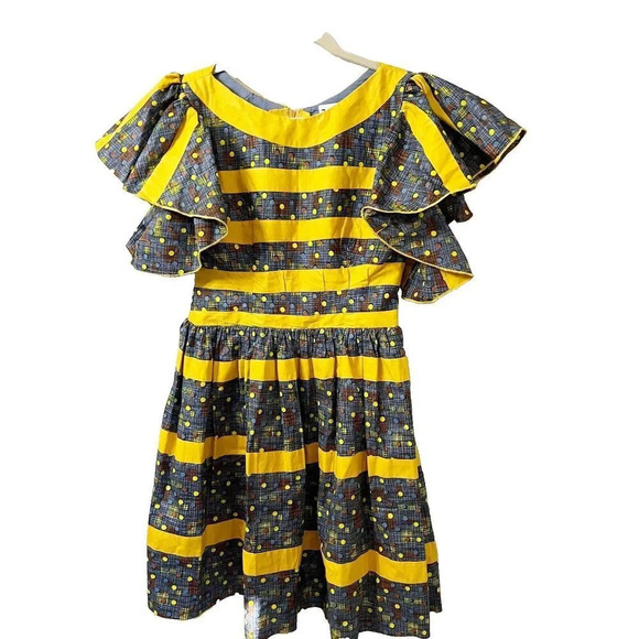 Womens Yellow Gray Polka Dot Ruffle Mini Dress Short Ethnic Tribal S/M Handmade - Picture 1 of 9